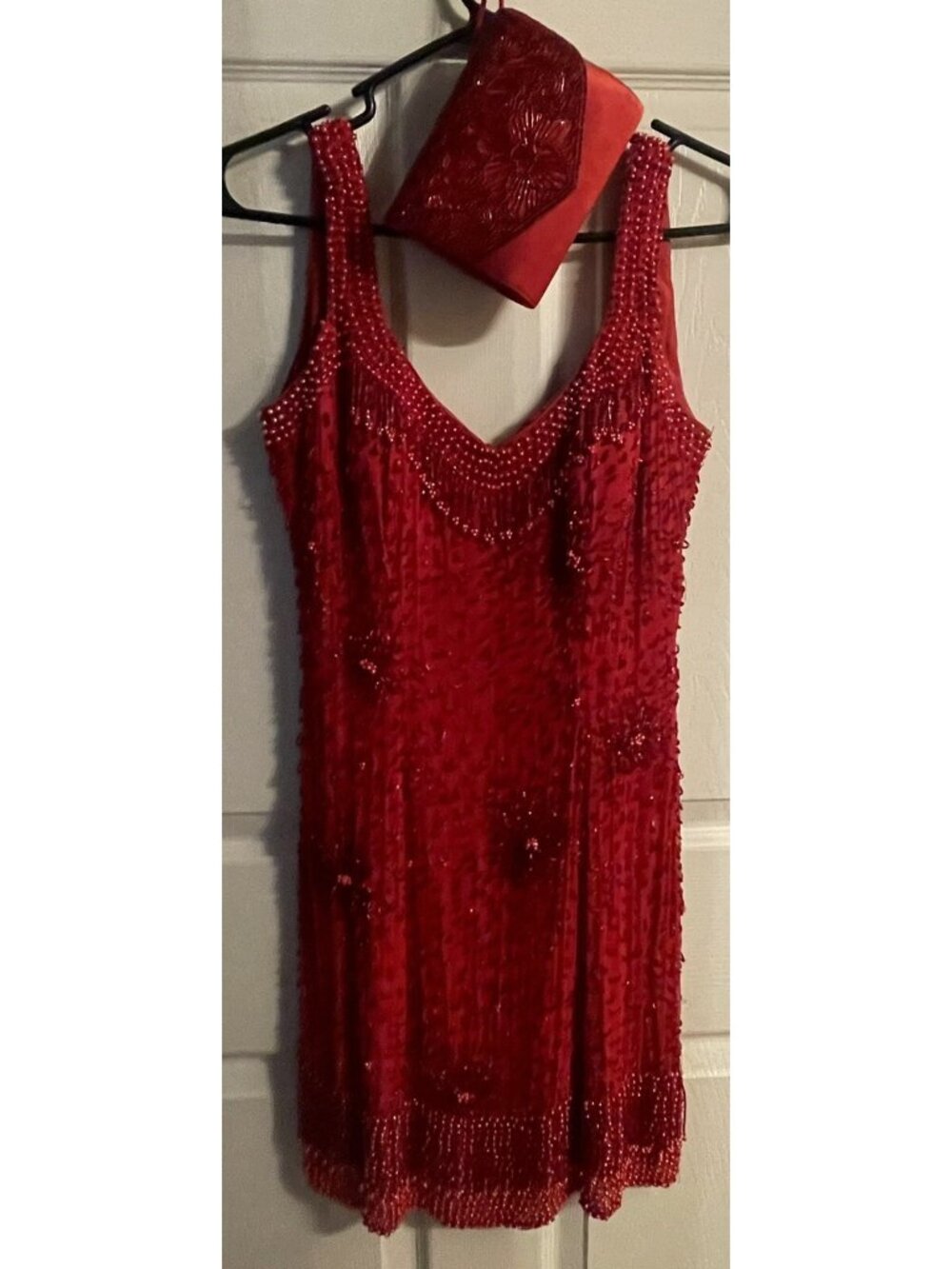 Beaded Cocktail Dress-Demetrious Design-12-Red-100% Silk Sequins/& La Regale Bag